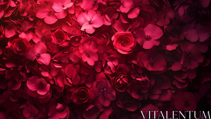 Dense arrangement of red floral specimens with roses.