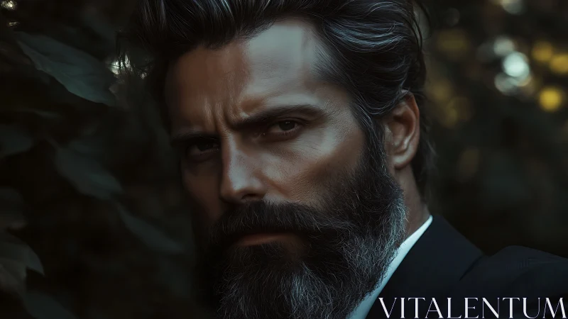 Bearded man in suit with intense gaze outdoors.
