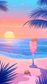 Tropical Sunset Beach with Cocktail and Palm Fronds