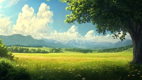 Sunlit alpine meadow stretches toward distant snowy peaks