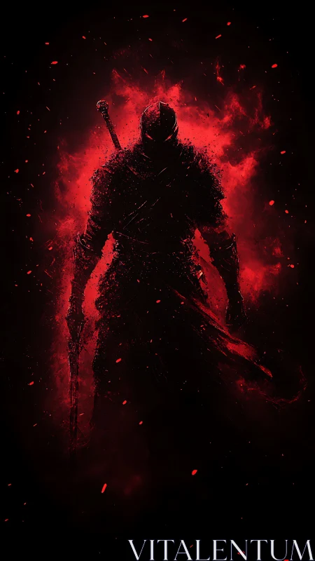 Shadowed flame knight emerging from a storm of red embers.