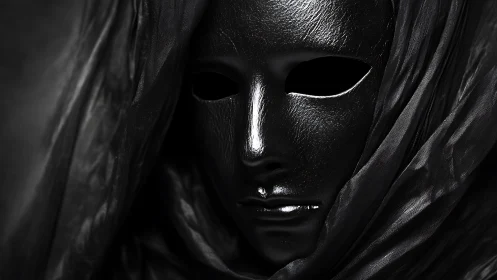 Obsidian theatrical mask wrapped in shadowed translucent drapery.
