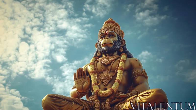 Golden seated monkey-headed deity statue under open sky.