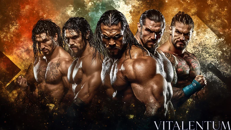 Digital painting lineup of muscular wrestlers with grunge textures.