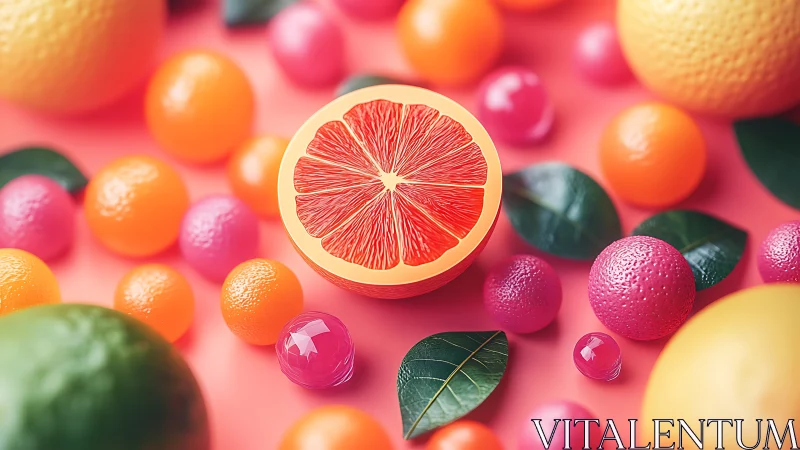 Vivid citrus slice anchors playful candy-colored still life.