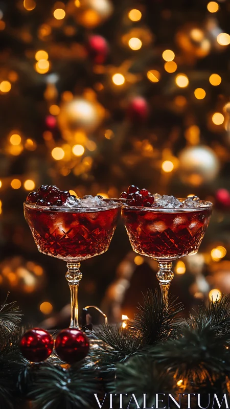 Holiday cocktails in crystal coupes against defocused bokeh lights