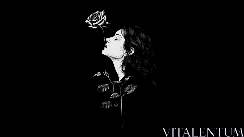 Midnight muse entwined with a solitary luminous rose.