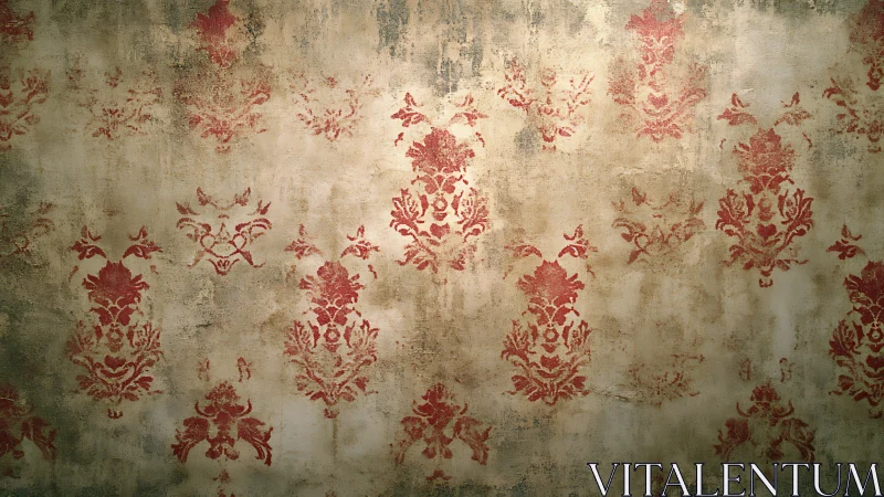Weathered wall surface with faded red damask motifs.