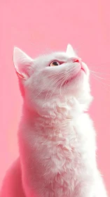 White Cat Looking Upward Against Soft Pink Background