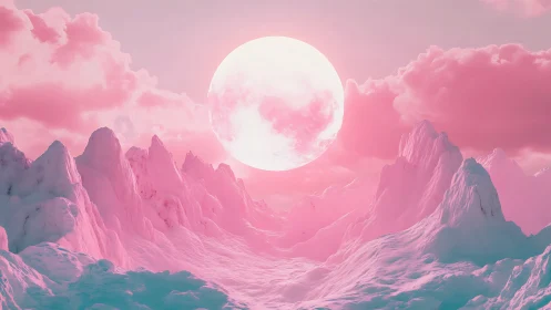 Blushing alien peaks glow softly beneath a colossal moon