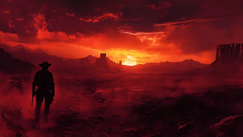 Lone gunslinger crosses blood-red desert at blazing sunset