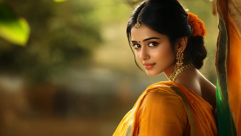 Photorealistic portrait in golden sari with soft bokeh glow.