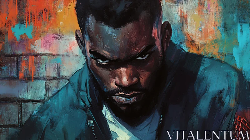 Intense urban portrait with angular brushwork and chromatic tension.