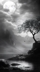 Monochrome lunar coastline renders atmospheric depth with mist layering