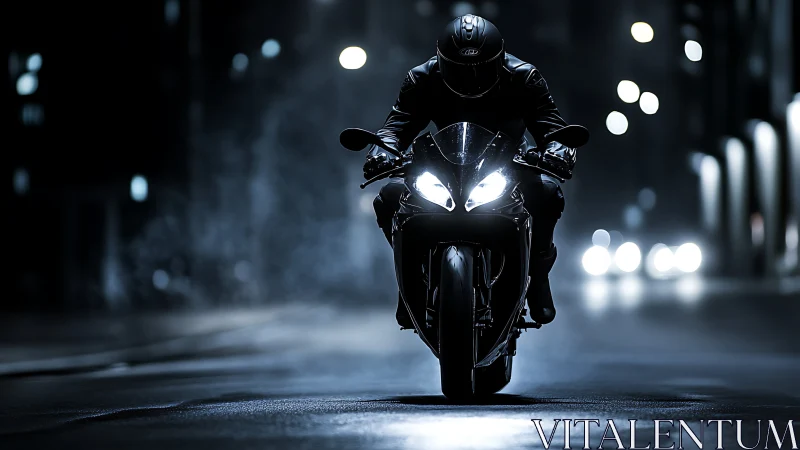 Motorcyclist rides sport bike alone on wet night street.