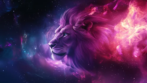 Cosmic lion profile emerges from vibrant nebula clouds