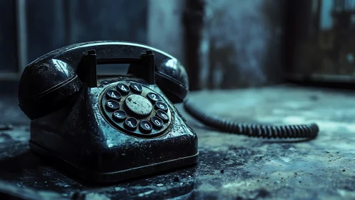 Dust-covered rotary desk telephone in moody blue light