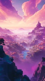 Digital valley landscape shows layered mountains and river