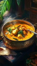 Golden curry simmers in ornate brass pot under dappled light