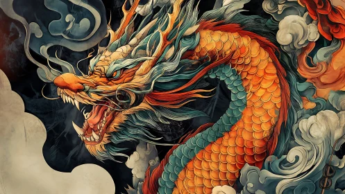 Mythic dragon coiled in stormy clouds with vivid scales.