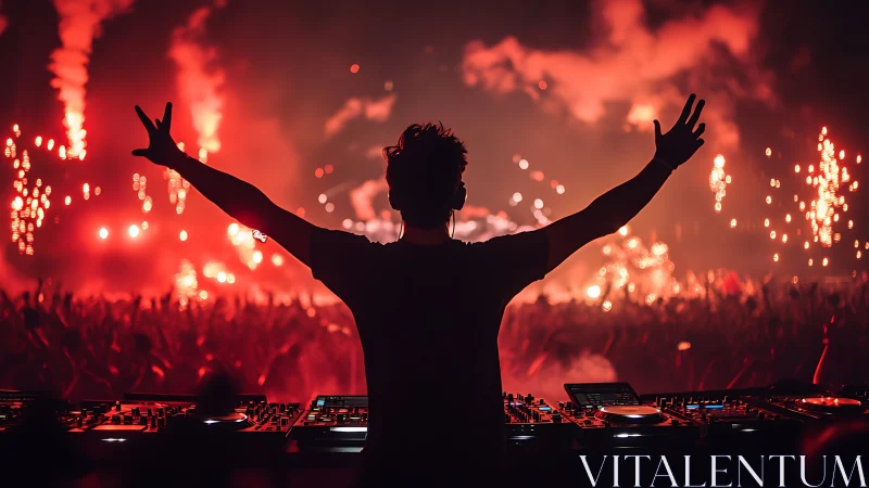 Backlit DJ silhouette controlling stage-mapped EDM festival crowd