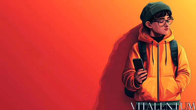 Hoodie glow and quiet scroll against a burning sunset wall.