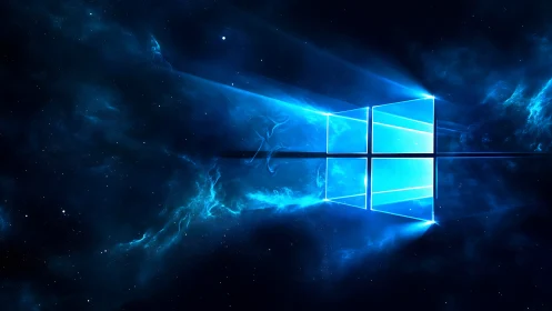 Glowing blue window logo in deep outer space scene.