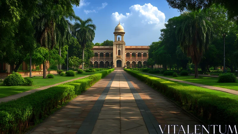 Sunlit campus walkway leads to a grand historic college