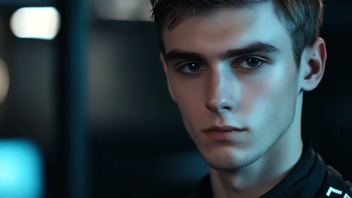 Neon gaze of a young cyber-sentry in cool blue light.