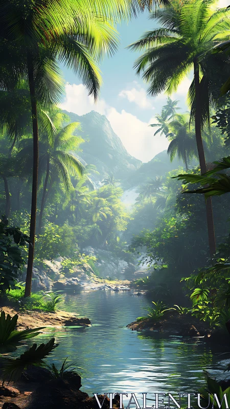 Tropical river flows through dense palm forest toward mountains.