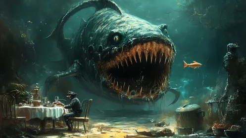 Colossal abyssal fish confronting calm underwater dinner guest