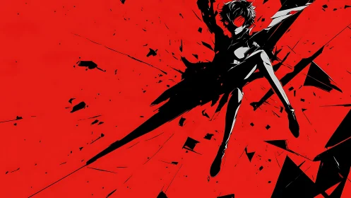 Dynamic masked figure in red and black shattering space.
