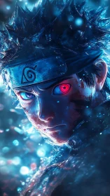Shinobi portrait ignited by blue chakra and crimson gaze.