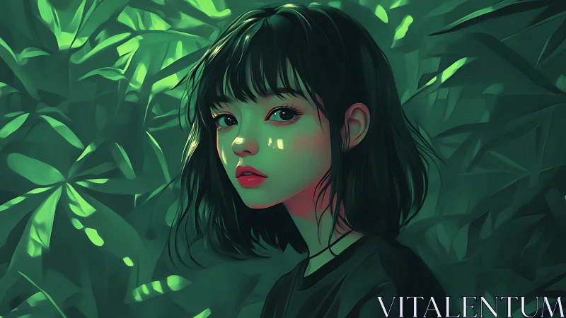 Girl with neon glow stands in lush emerald foliage