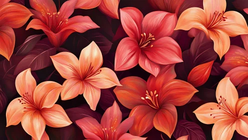 Red and orange lily flowers arranged on dark background.