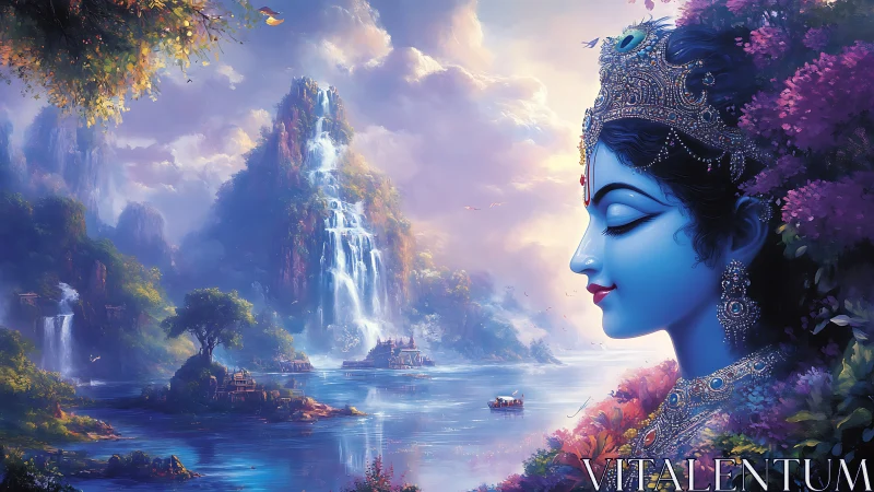 Profile view of blue deity figure by waterfalls and river.