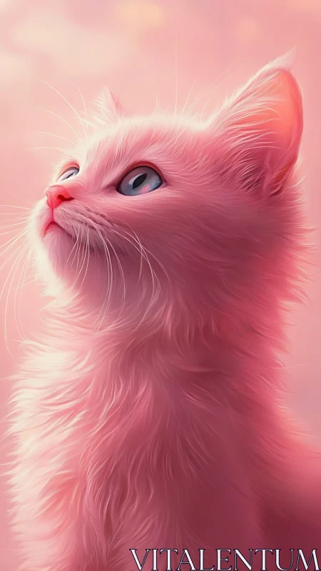 Pink fluffy cat with blue eyes looking upward.