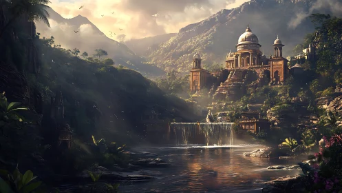 Sunlit jungle temple above a tranquil cascading river.