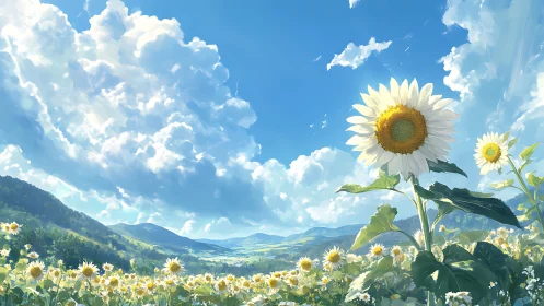 Sunflowers lean into a sky crowded with generous summer clouds
