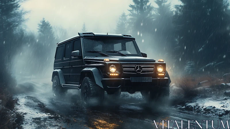 Mercedes G-Class SUV driving on muddy forest road in rain.