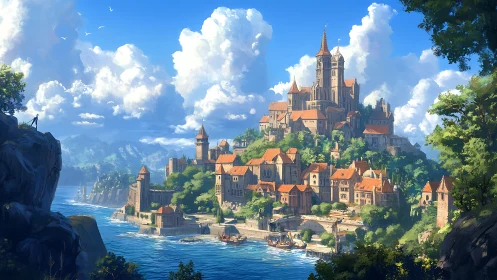 Medieval Kingdom Crowns Hilltop While Azure Skies Dance Overhead