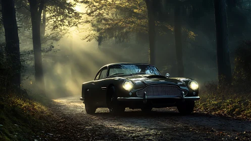 Classic black sports car on misty forest dirt road at dawn.