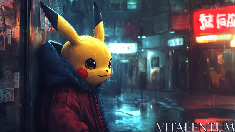 Neon rain urban rodent in hooded jacket, cinematic framing.