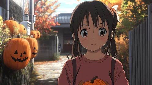 Anime girl holding pumpkin in narrow alley at Halloween