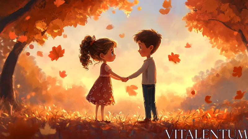 Autumn's Hand-Holding Promise: Children's Falling Leaf Moment.