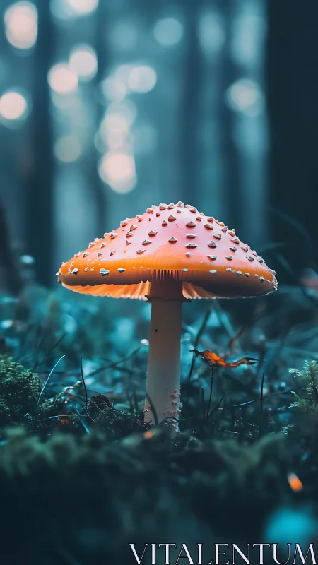 Single forest mushroom stands under soft diffused light
