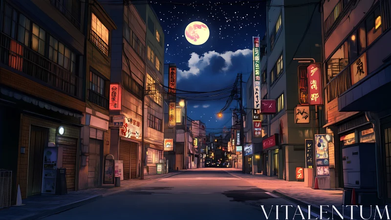 Quiet anime city street under full moon at night.