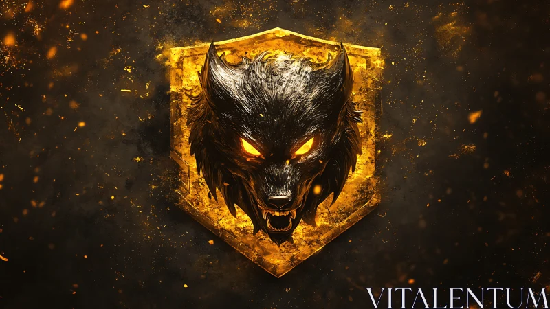Fiery wolf emblem with glowing eyes on molten shield.
