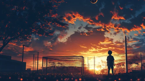 Sunset soccer dream with silhouetted child and glowing sky.