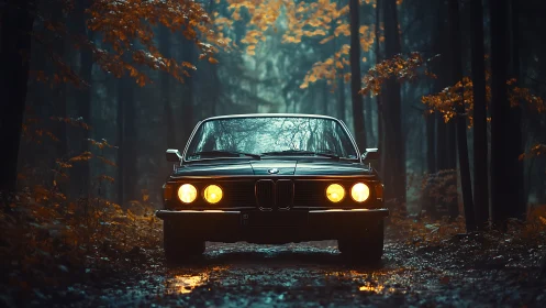Retro sedan with bi-halogen beams in saturated autumn forest.